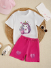 New Fashion Casual Loose Crew Neck Short-sleeve Top + Pink Shorts for Little Girls, Summer Collection, Adorned with Cute Hedgehog and Milk Tea Patterns, Refreshing and Versatile