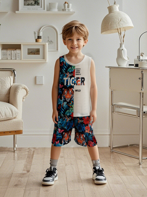 Boys 2-Piece Summer Tank Top & Shorts Set, Jungle Tiger Print Loose Fit, Cool Casual Sportswear for Outdoor Activities, Summer Essential Kids Outfits