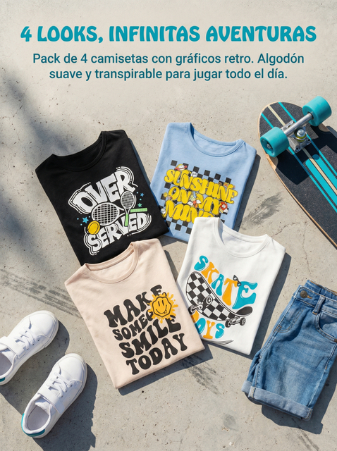 Boys 4-Piece Casual Sports Set 4-7 Years Old, Printed Crew Neck Short Sleeve T-Shirts, Summer Must-Have for Outdoor Play & Leisure, Perfect Gift for Boys