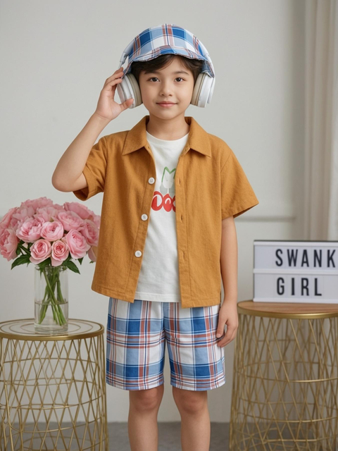 Boys' 3-Piece Spring & Summer Set: Minimalist Stylish Short-Sleeve Shirt + Casual Shorts + Hat – Ideal for Casual Outdoor Activities