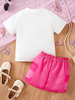 New Summer Fashion Casual Loose Crew Neck Short-Sleeve Top + Pink Shorts Set for Little Girls, featuring cute hedgehog and milk tea prints, which is fresh and versatile. A two-piece set with a simple 