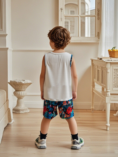 Boys 2-Piece Summer Tank Top & Shorts Set, Jungle Tiger Print Loose Fit, Cool Casual Sportswear for Outdoor Activities, Summer Essential Kids Outfits