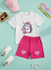 New Fashion Casual Loose Crew Neck Short-sleeve Top + Pink Shorts for Little Girls, Summer Collection, Adorned with Cute Hedgehog and Milk Tea Patterns, Refreshing and Versatile