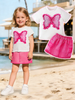New Summer Fashion Casual Loose Crew Neck Short-Sleeve Top + Pink Shorts Set for Little Girls, featuring cute hedgehog and milk tea prints, which is fresh and versatile. A two-piece set with a simple 