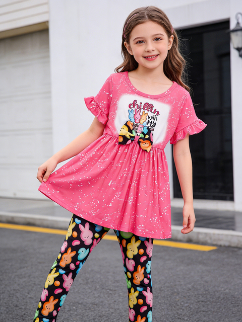 Girls' Cute 2-Piece Set: Letter-Print Bow-Detailed Short-Sleeve Top & Rabbit-Print Pants for Outdoor Wear