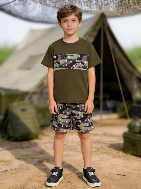 Boys' Summer 2-Piece Set: Star-Print Short-Sleeve T-Shirt & Color-Block Shorts – Essential Activewear for Outdoor Trips