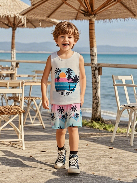 Boys Hawaiian Outfit Set 4-7Y, 2-Piece Coconut Tree Print Tank Top & Shorts, Tropical Full-Print Beach Clothes, Quick-Dry Breathable Kids Vacation Wear