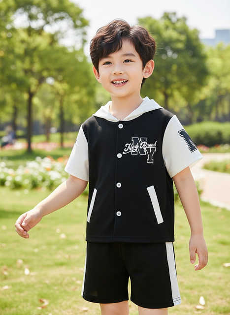 Trendy Streetwear Set for Boys (Spring & Summer), 2-Piece Outfit of Color-Blocked Hoodie and Solid-Color Shorts for Ages 4-7, Trendy Breathable Casual Wear for Kids, Sports Set with English Prints, Id