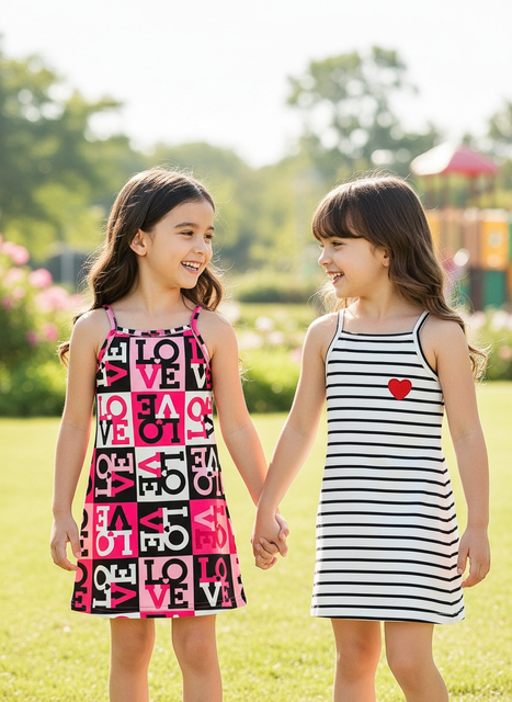 2-piece set of girls' casual cute random letter print & striped heart print camisole dresses, for outdoor casual wear, cute dresses for girls. Perfect for baby girls to wear when going out for outdoor