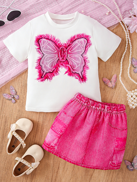 New Summer Fashion Casual Loose Crew Neck Short-Sleeve Top + Pink Shorts Set for Little Girls, featuring cute hedgehog and milk tea prints, which is fresh and versatile. A two-piece set with a simple 