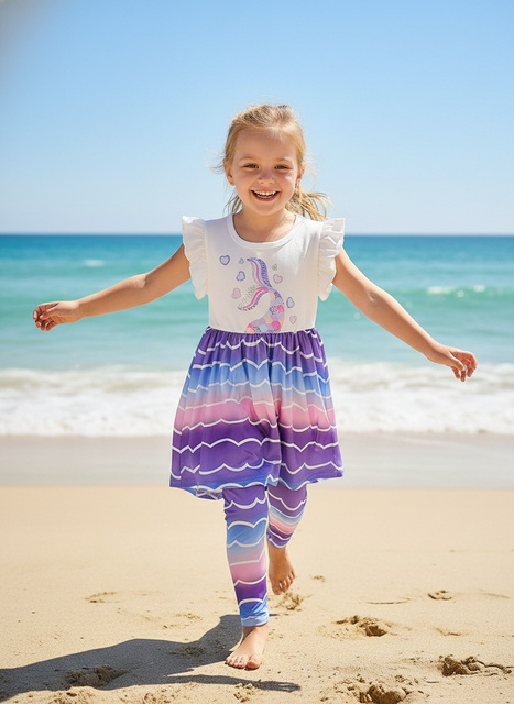 Girls' 2-Piece Set: Wave-Print Ruffled Hem Short-Sleeve Top & Wave-Print Pants – Cute Beachy Style, Perfect for Spring/Summer Outdoor, Leisure & Beach Swimwear