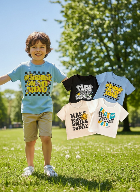 Boys 4-Piece Casual Sports Set 4-7 Years Old, Printed Crew Neck Short Sleeve T-Shirts, Summer Must-Have for Outdoor Play & Leisure, Perfect Gift for Boys