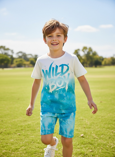 2-Piece Summer Crew Neck Short Sleeve T-shirt and Shorts Set, Boys' Tie-dye Style Outfit, with Personalized "WILD BOY" Print, Loose Fit, Suitable for Daily Home Wear, Outdoor Play, and Summer Beach Tr