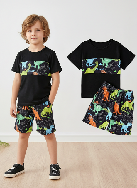 2-Piece Boys Summer Crew Neck T-Shirt & Shorts Set, Dinosaur Print Loose Fit Outfits, Casual Beach Vacation Outdoor Playwear, Stylish Kids Activewear
