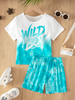 2-Piece Summer Crew Neck Short Sleeve T-shirt and Shorts Set, Boys' Tie-dye Style Outfit, with Personalized "WILD BOY" Print, Loose Fit, Suitable for Daily Home Wear, Outdoor Play, and Summer Beach Tr