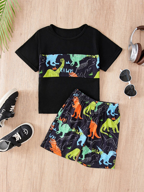 2-Piece Boys Summer Crew Neck T-Shirt & Shorts Set, Dinosaur Print Loose Fit Outfits, Casual Beach Vacation Outdoor Playwear, Stylish Kids Activewear
