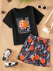 Boys' Summer Basketball English Print T-shirt + All-over Print Shorts Two-piece Set, Breathable Sports Kids' Casual Outfit, Boys' Summer Shorts Set, Comfortable Fitted Children's Clothing for Outdoor 