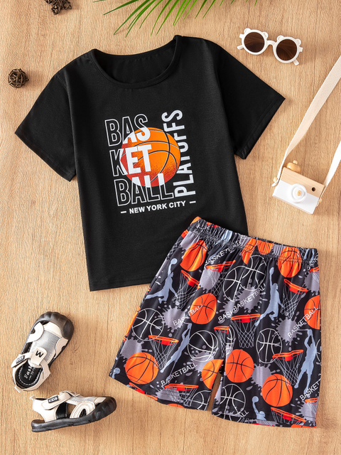 Boys' Summer Basketball English Print T-shirt + All-over Print Shorts Two-piece Set, Breathable Sports Kids' Casual Outfit, Boys' Summer Shorts Set, Comfortable Fitted Children's Clothing for Outdoor 