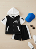 Trendy Streetwear Set for Boys (Spring & Summer), 2-Piece Outfit of Color-Blocked Hoodie and Solid-Color Shorts for Ages 4-7, Trendy Breathable Casual Wear for Kids, Sports Set with English Prints, Id