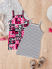 2-piece set of girls' casual cute random letter print & striped heart print camisole dresses, for outdoor casual wear, cute dresses for girls. Perfect for baby girls to wear when going out for outdoor