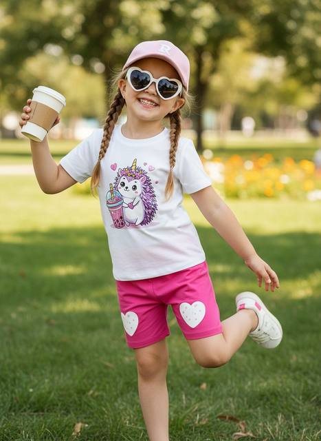 New Fashion Casual Loose Crew Neck Short-sleeve Top + Pink Shorts for Little Girls, Summer Collection, Adorned with Cute Hedgehog and Milk Tea Patterns, Refreshing and Versatile
