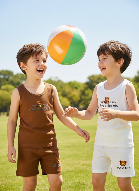 Boys 4-Piece Beach Set 4-7 Years Old, Cute Bear Vest & Letter Shorts, Summer Quick-Dry Breathable Casual Outfits, Outdoor Play Sports Vacation Clothes, Ideal Birthday Holiday Gift for Boys